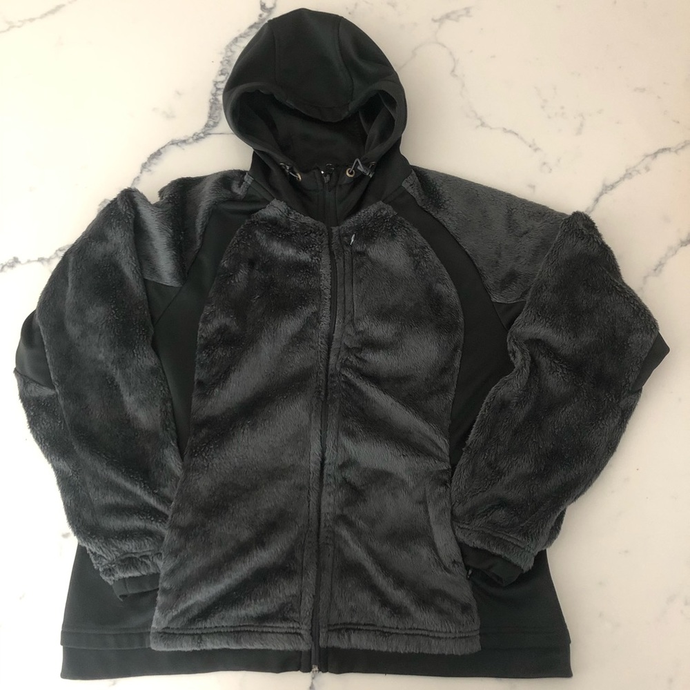 Only Worn Once Women Black Plush Mixed Hooded Jacket.
